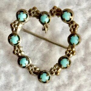 Antique Victorian Edwardian Turquoise Stone Heart Shaped Brooch Pin